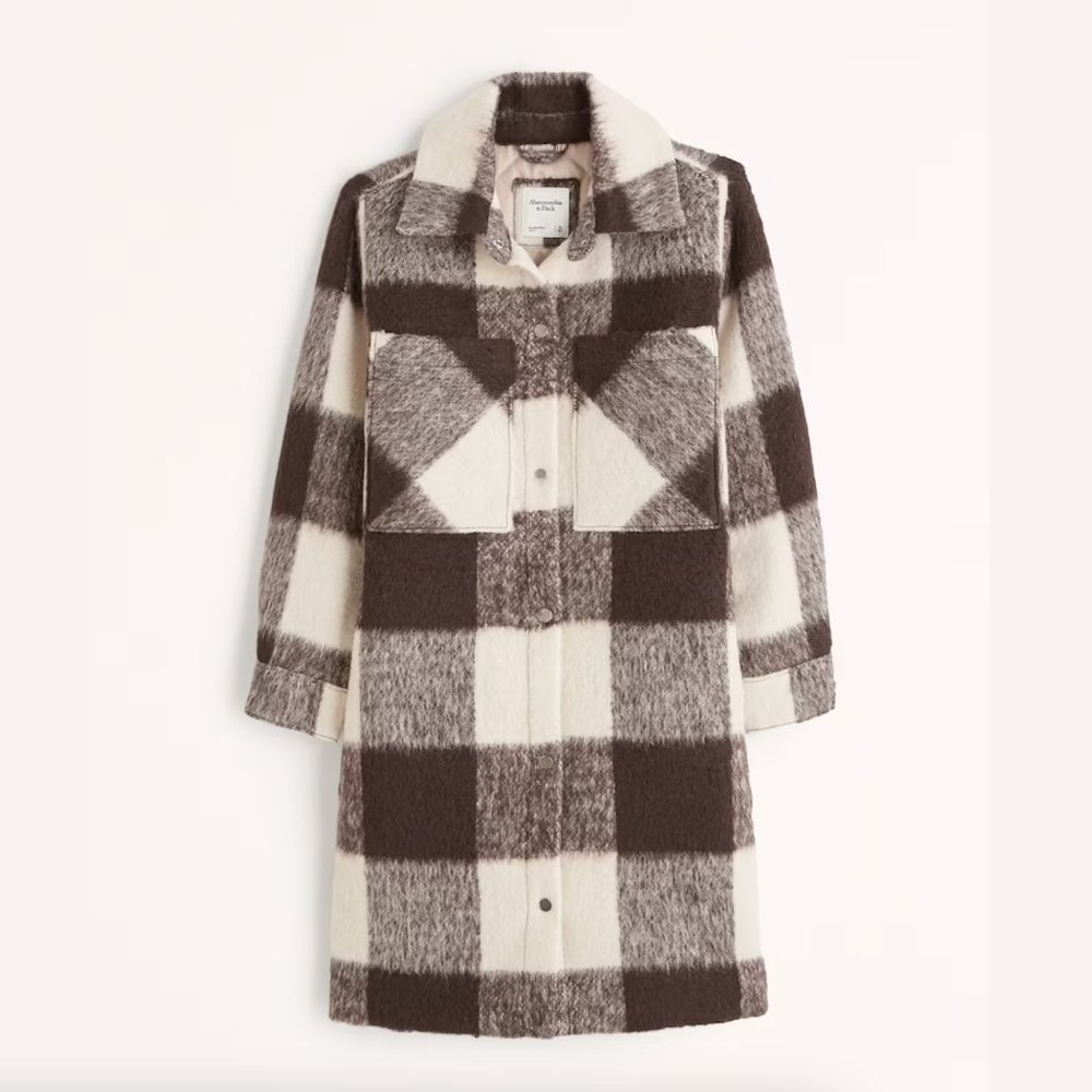 Abercrombie Winterized Wool-Blend Shirt Jacket Dark Brown Buffalo Check Plaid